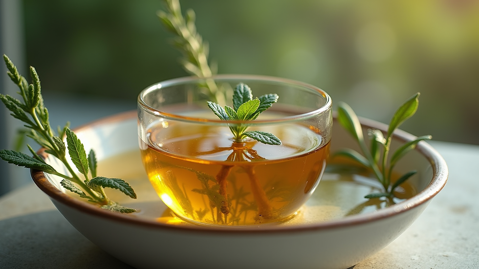 Vue en plongée d’une tasse de tisane apaisante avec des plantes fraîches