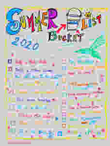 Summer Bucket List 2020 sample with boxes to check off, mermaid tales and colorful writing