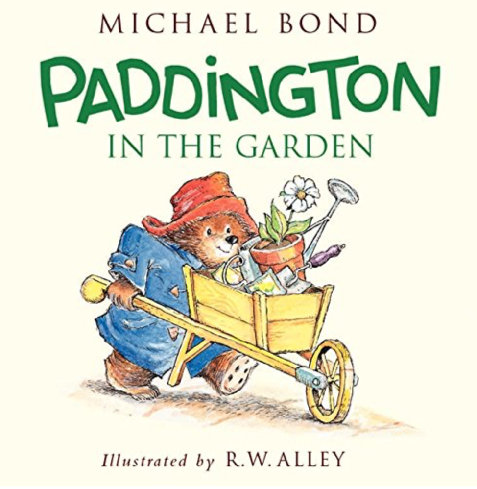 Paddington in the Garden picture book shows Paddington Bear pushing a wheelbarrow filled with a daisy and garden supplies