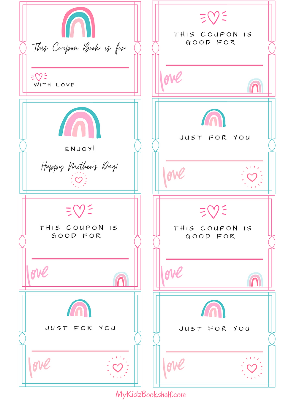 Mother's Day coupon printable free with hearts and rainbows