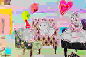DIY collage with painted paper, magazine cutouts of chairs and Disney characters sitting chatting