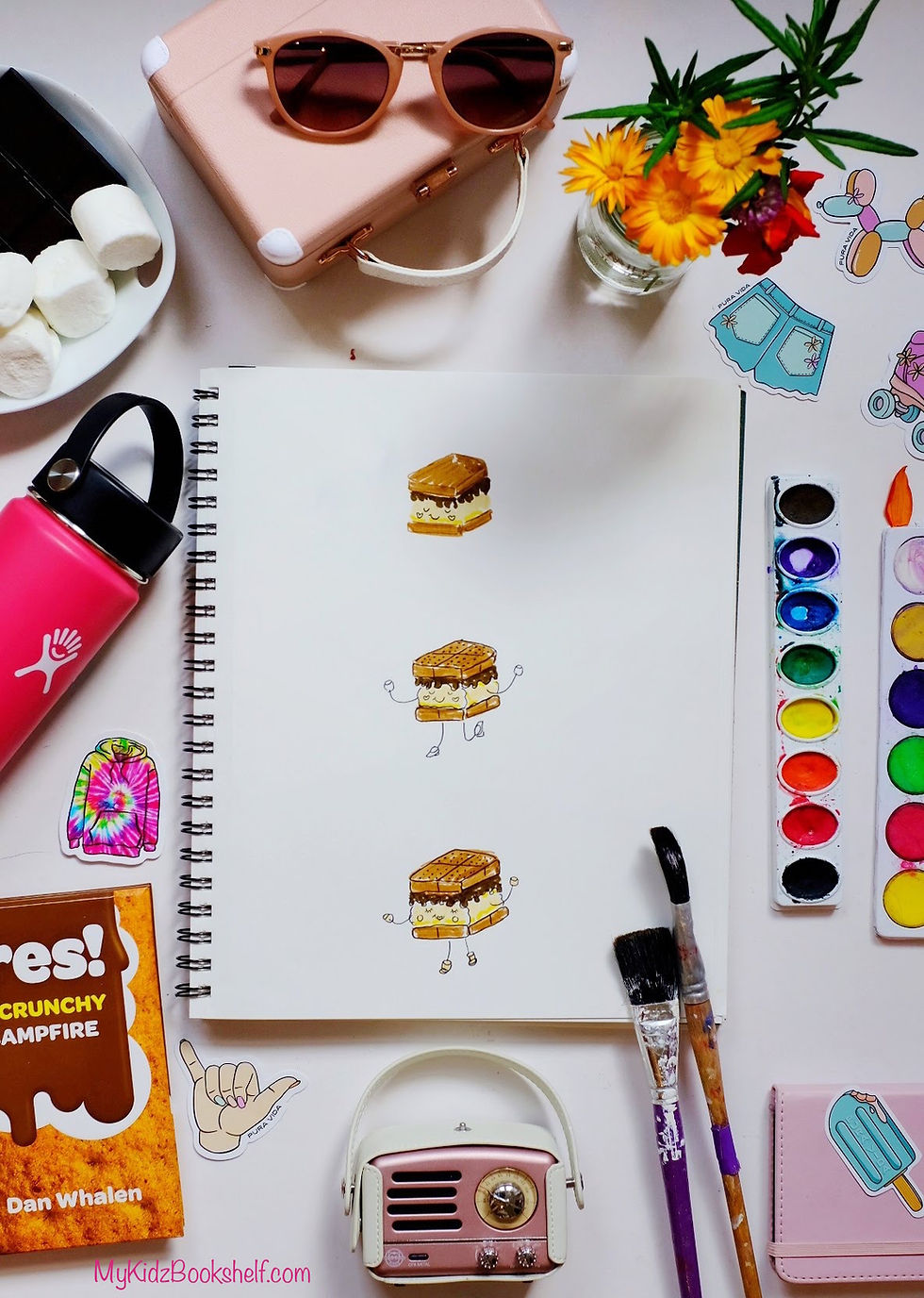How to Draw S'more diy tutorial with art supplies, Muzen radio, marshmallows and Hydroflask