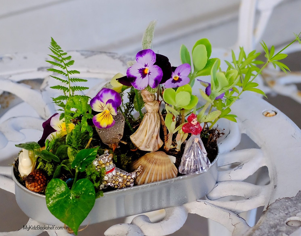 Fairy garden DIY tin with fern, morning glory, Ariel, angel and succulent