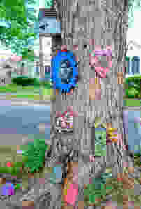 tree with fairy garden houses and fairy doors, mirrors and succulents