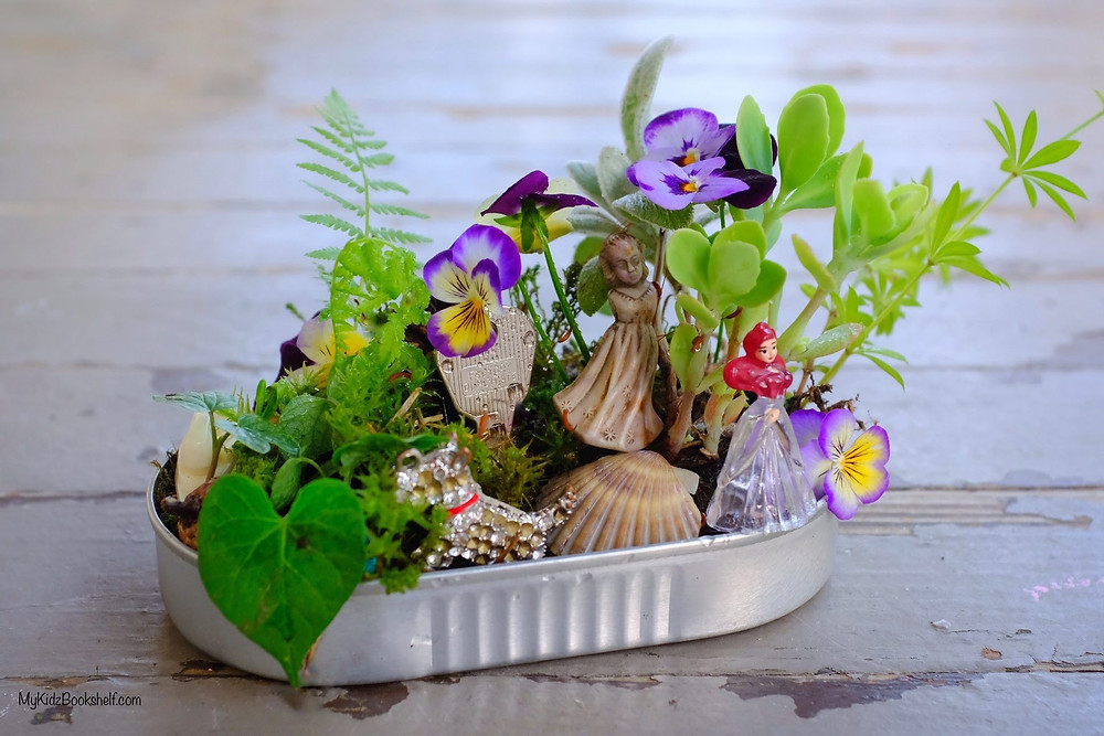 Mini Fairy Garden DIY with morning glory, shell, key, fern, Ariel and pansies