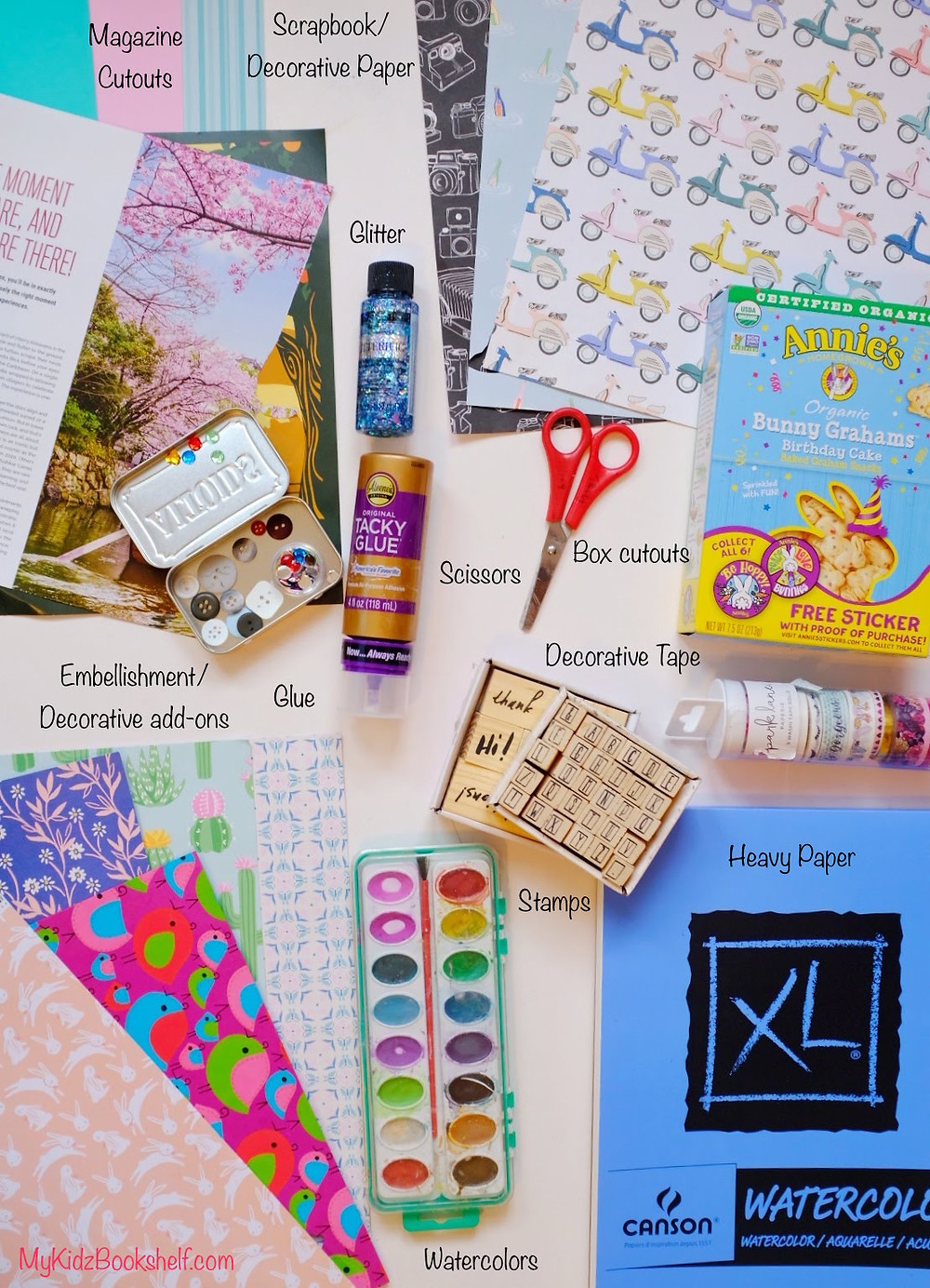 materials for DIY collage project including glitter glue, scrapbooking paper, magazine cutouts, glue, watercolor paper, etc.