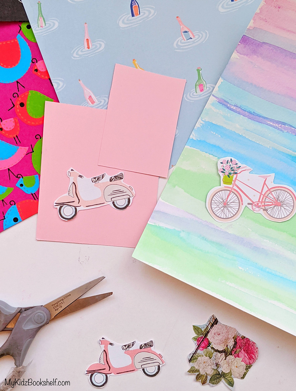 DIY collage craft shows scissors with cutout images of mopeds and flowers