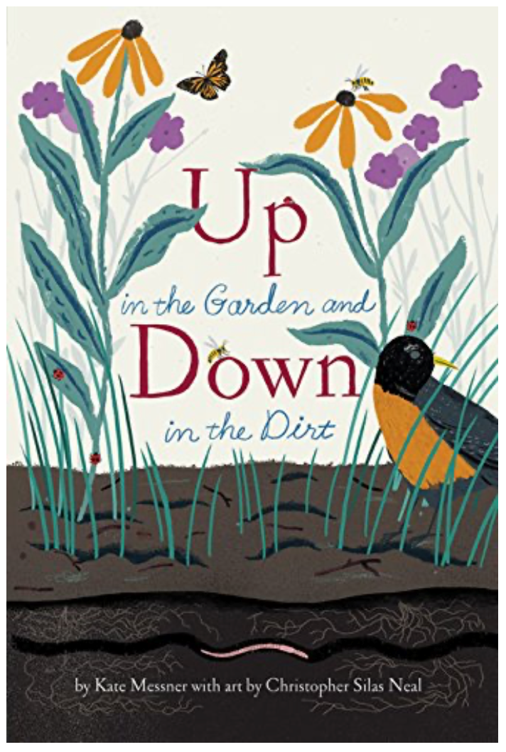 Picture book Up in the Garden and Down in the Dirt shows robin on the ground with flowers and butterflies
