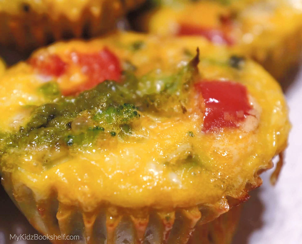 Muffin Tin Egglettes -A Mini Crustless Quiche Recipe! shows mini cupcake sized quiche with broccoli and red peppers on a plate