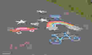 chalk drawings on sidewalk with car, rainbow, bike, stars and hearts