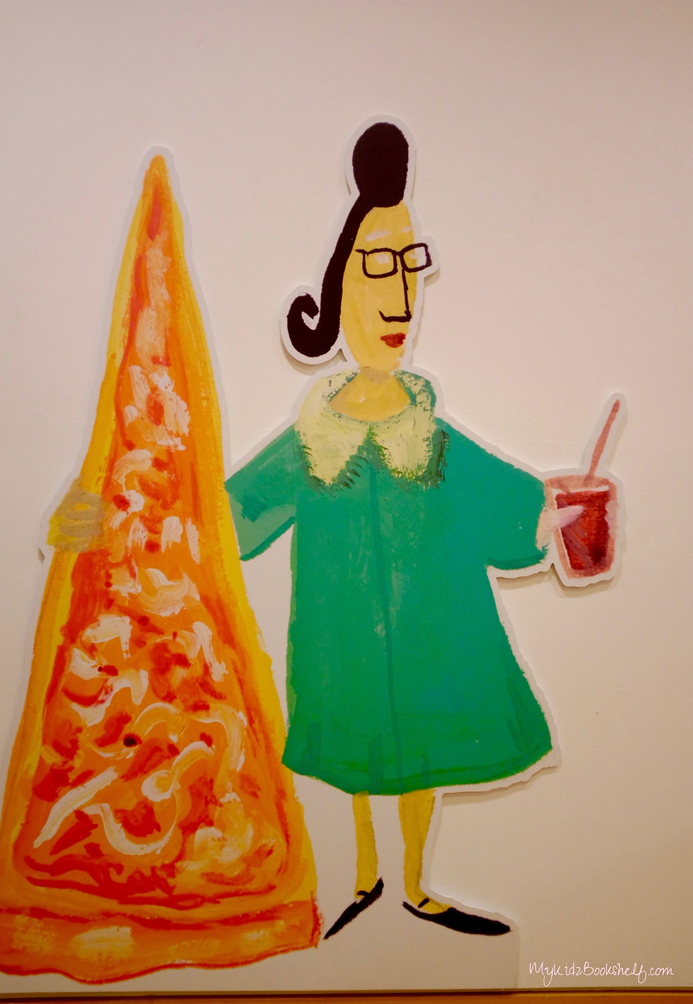 Maira Kalman illustration with woman holding a pizza slice