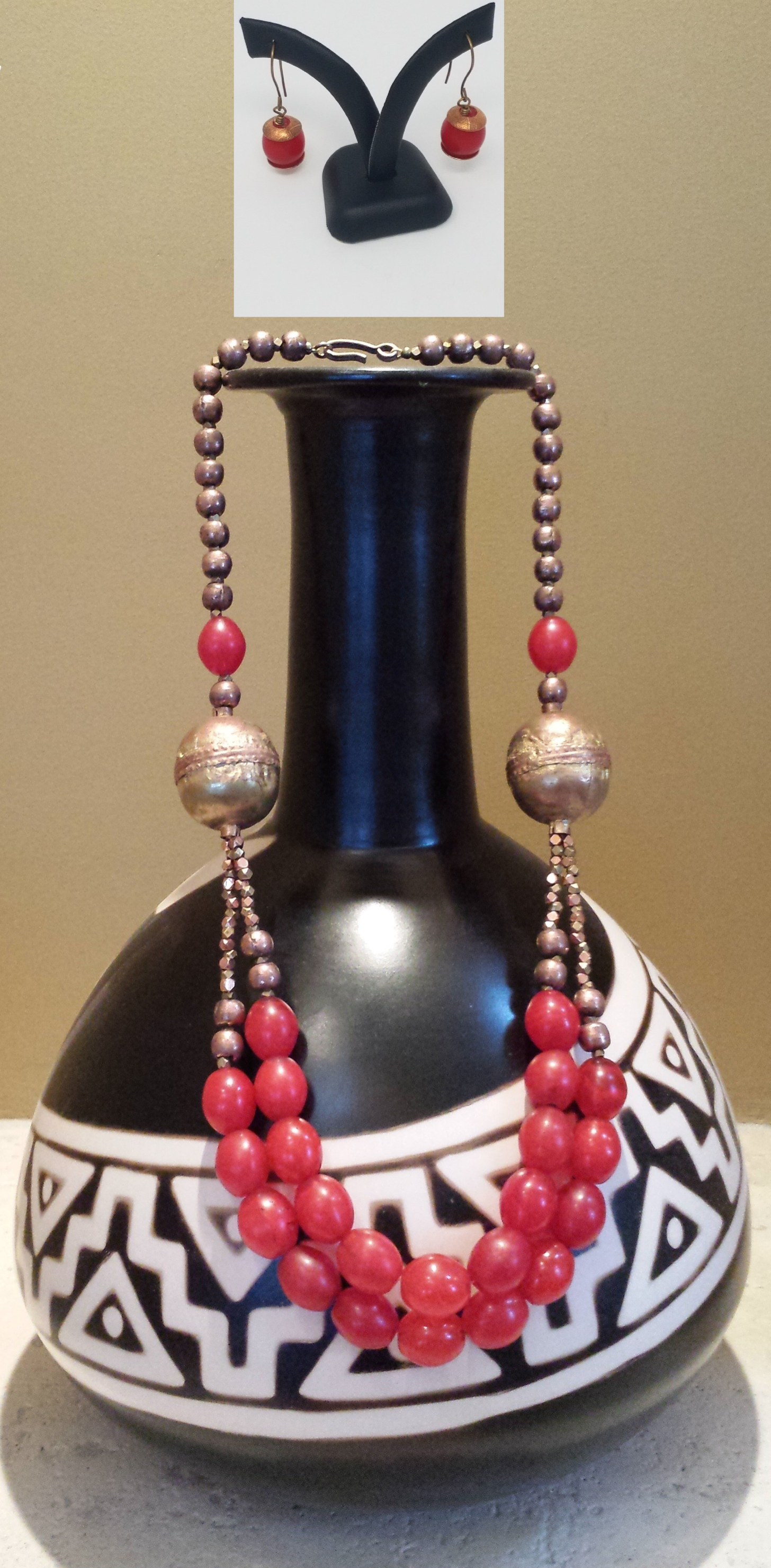 necklace and earrings: Red Ethiopian Tomato beads, Ethiopian Brass focal beads