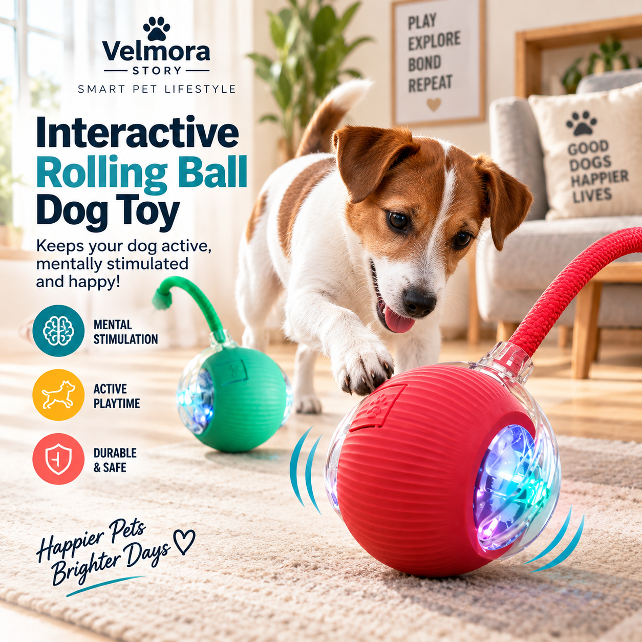 Velmora™ Smart Rolling Ball – Interactive Dog Toy