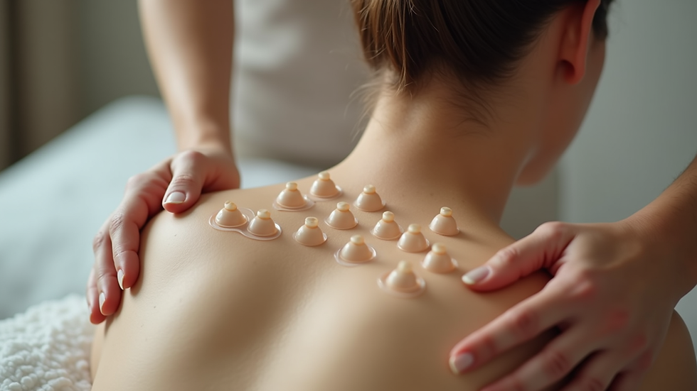 Close-up view of cupping therapy cups placed on a patient's back
