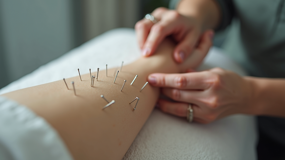 Close-up view of acupuncture needles on a patient's arm during treatment