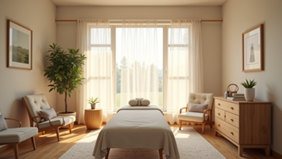Eye-level view of a calm acupuncture clinic room with a treatment bed and soft lighting