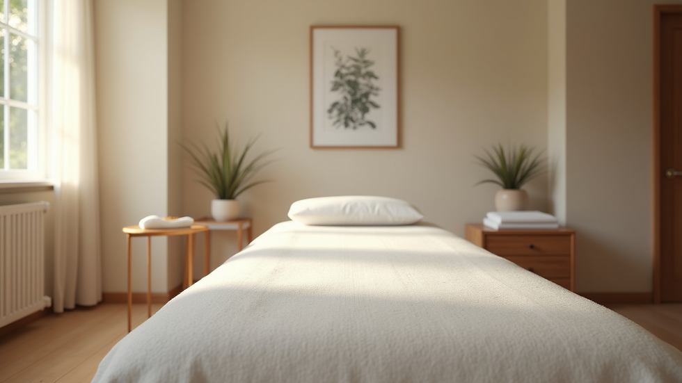 Eye-level view of a calm acupuncture treatment room with a treatment bed