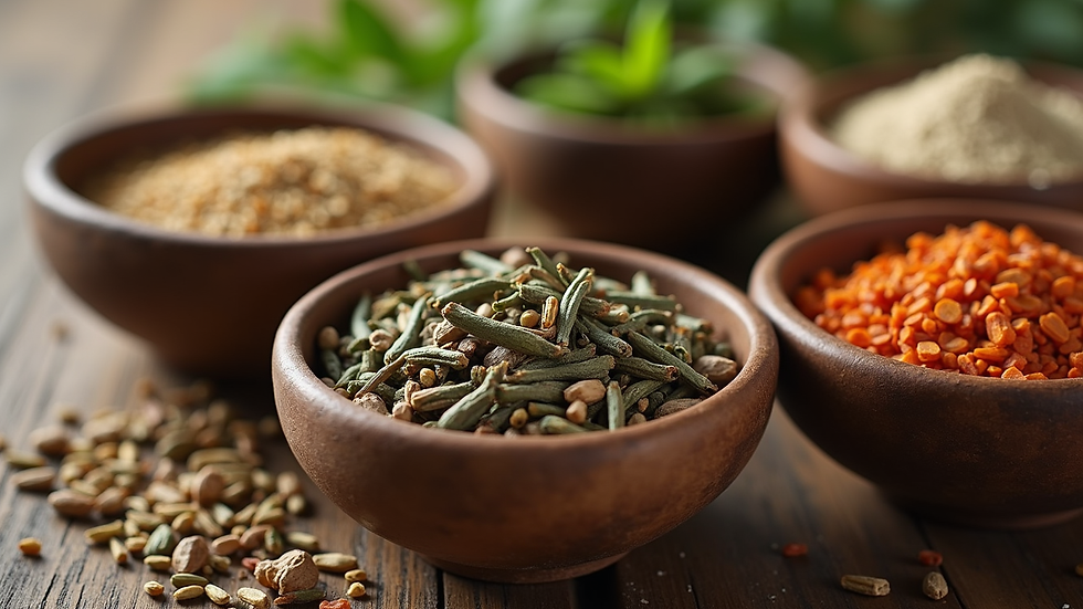 Close-up view of herbal medicine bowls with various dried herbs