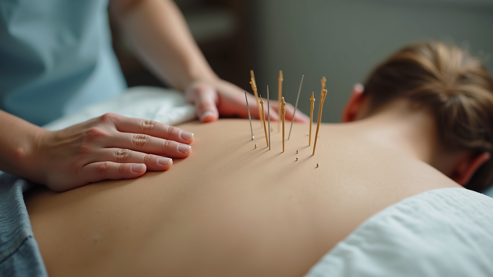 Close-up view of acupuncture needles inserted in a patient’s back during a pain management session