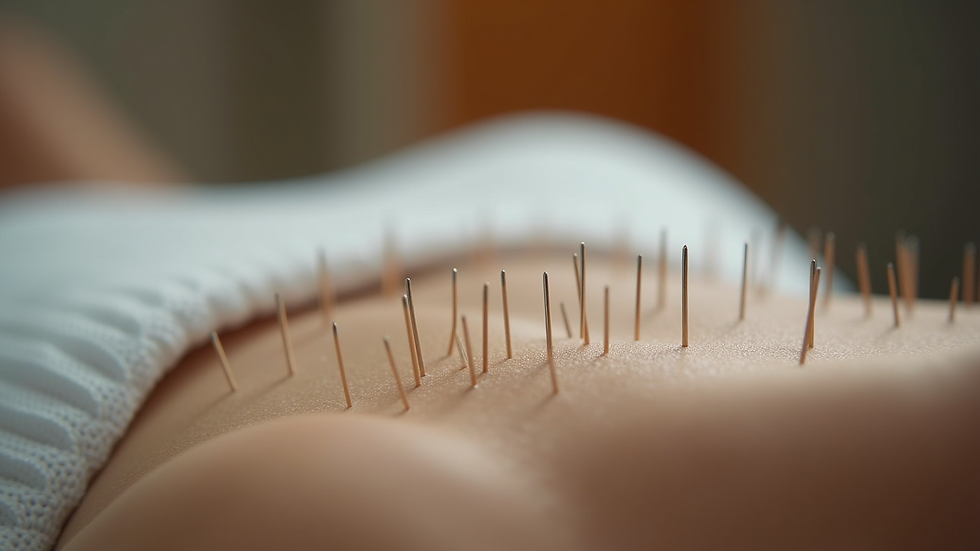 Close-up view of acupuncture needles inserted into a muscle area