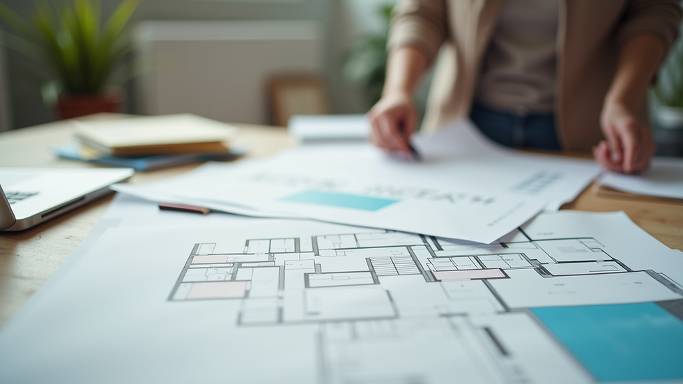 Close-up view of designer’s workspace with color swatches and floor plans