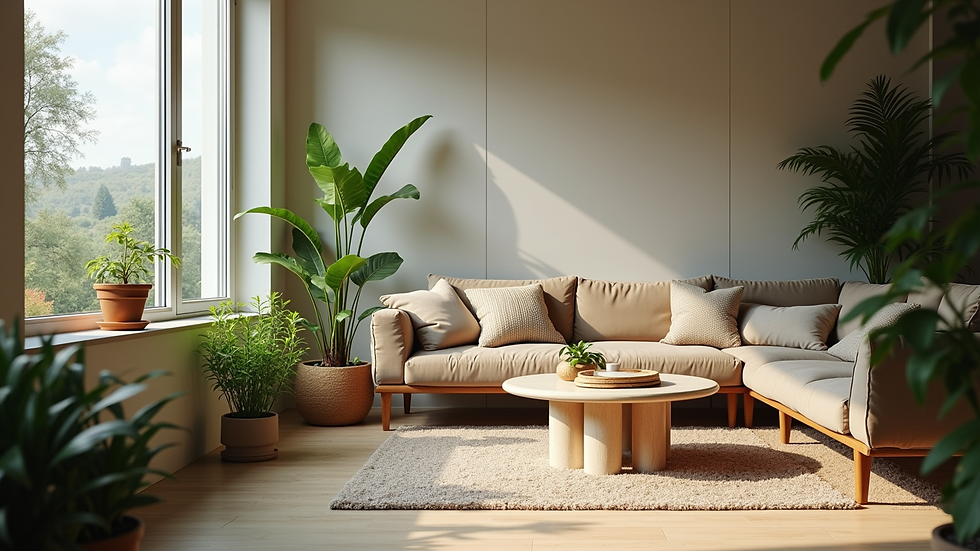 Close-up view of stylish interior decor with plants and cushions