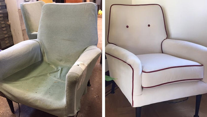 Before and After: Left is a old, worn out 1950s chair in green, Right is the same chair but refurbished and given new life in white fabric with red trim