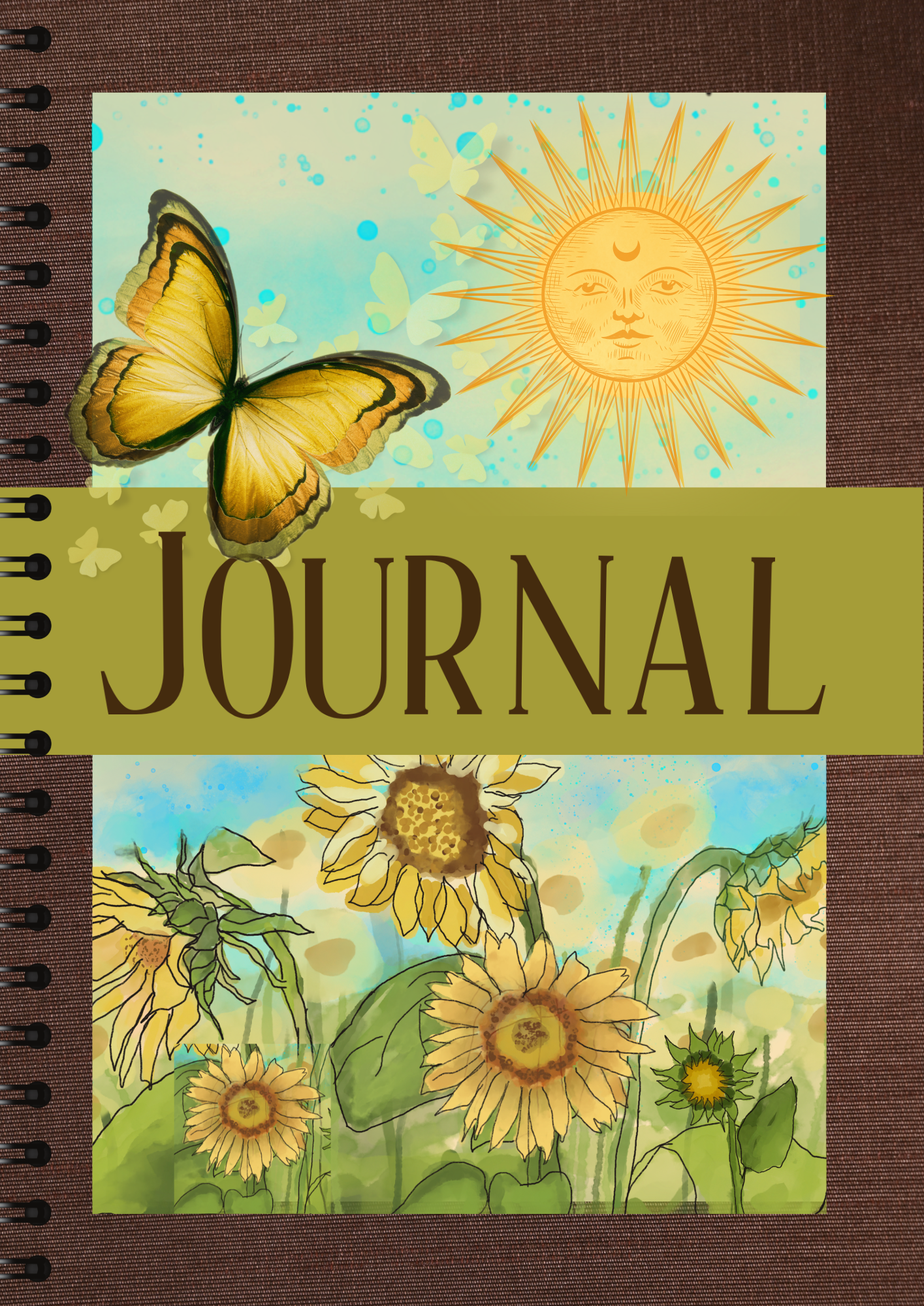 A journal cover with a dark brown background, butterfly, sun, and sunflowers. It is the Journal cover for Sunflower journal.