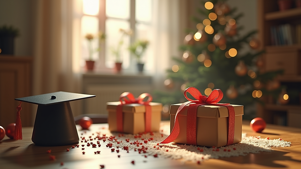 Wide angle view of festive graduation decoration and gifts