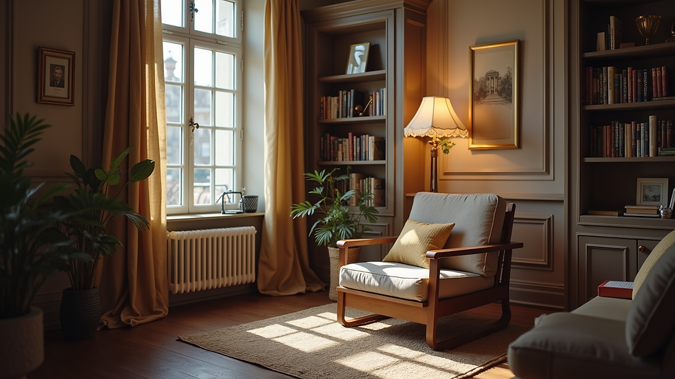 Eye-level view of a cozy reading nook with a comfortable chair and books