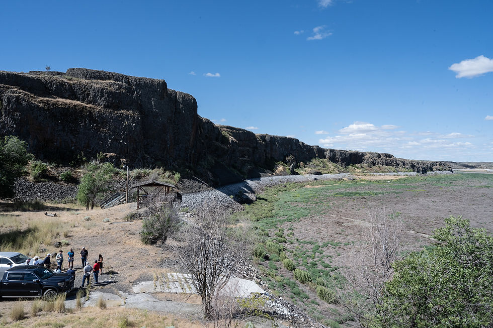 People gather near cars by rocky cliffs under a clear blue sky, surrounded by dry grass and sparse greenery, creating a serene outdoor scene.