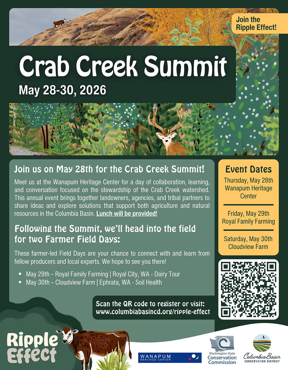 Crab Creek Summit flyer with event dates May 28-30, 2026. Includes a nature background, deer, calf, and QR code for registration.
