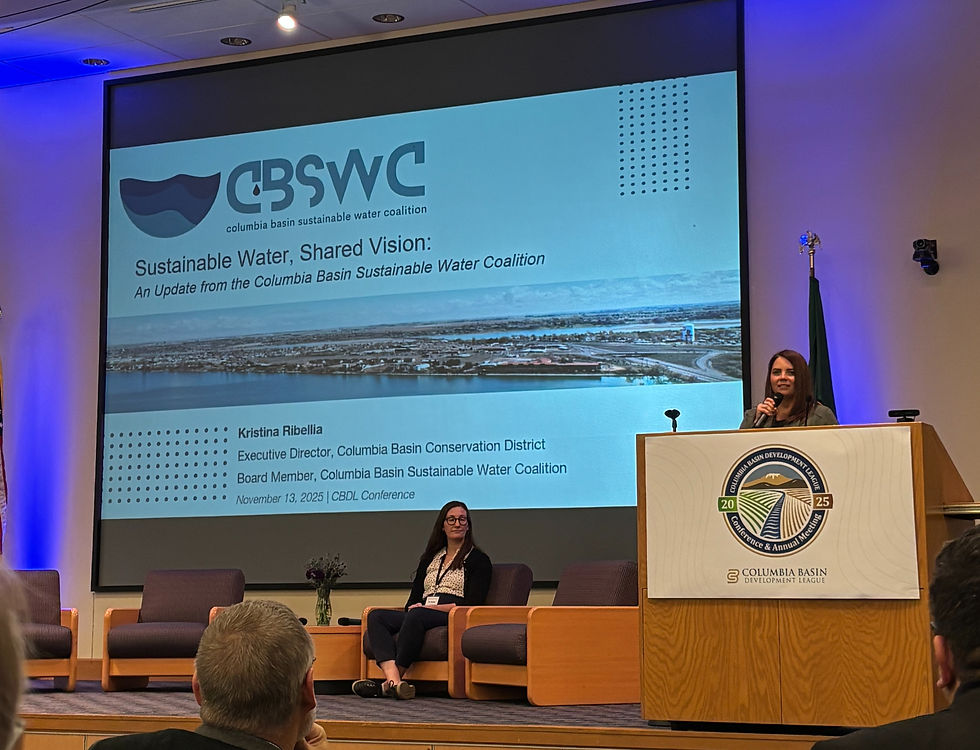 A woman speaks at a podium during a water conference. A large screen behind displays text on sustainable water. Audience members are seated.