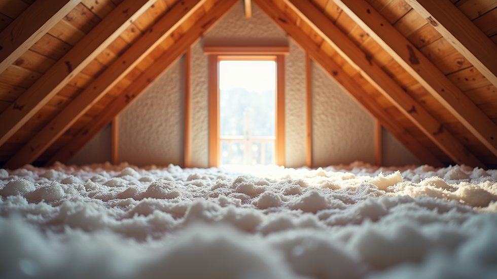 High angle view of attic space with fiberglass insulation installed