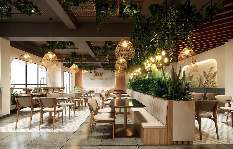 Modern restaurant interior design with lush greenery at JRV.
