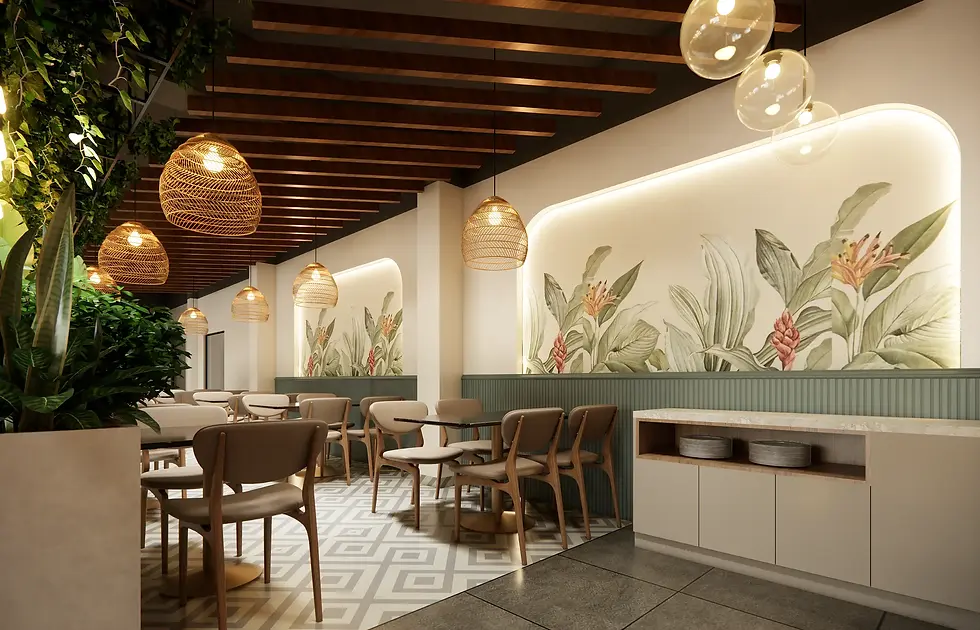 Modern restaurant interior design with botanical mural