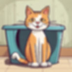 A happy cat sitting in front of a large litter box