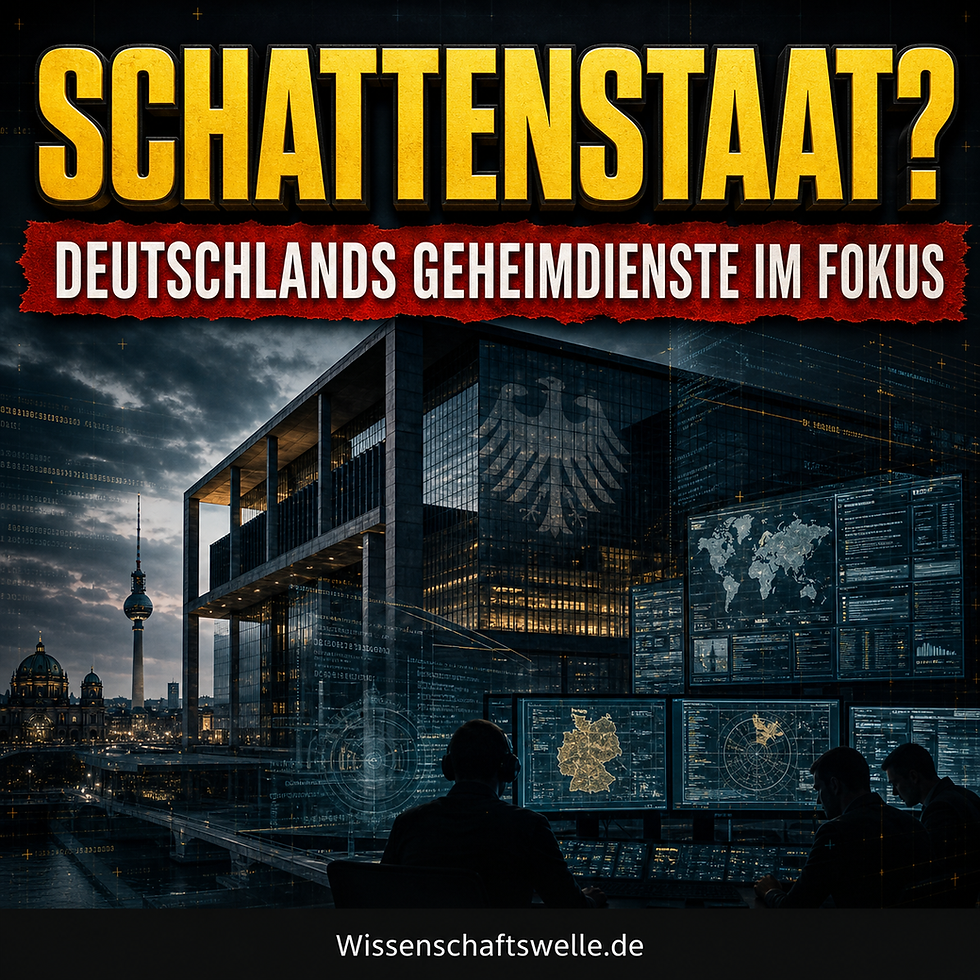 Eine abgedunkelte Regierungsfassade vor Datenströmen und Überwachungssignalen, darüber eine große gelbe Wissenschaftswelle-Schlagzeile zum Thema deutsche Nachrichtendienste.