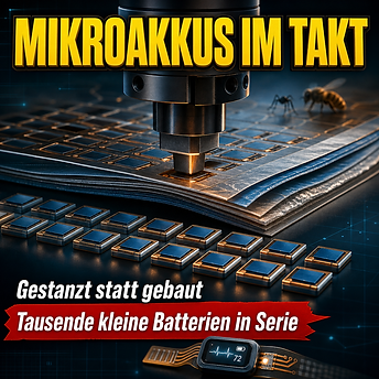 Wissenschaftswelle-Cover mit einem Stanzwerkzeug über einem geschichteten Mikroakku-Bogen, Reihen winziger blauer Batteriezellen und einem Miniatursensor im Vordergrund.