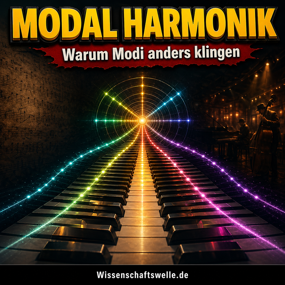 Quadratisches Cover mit gelber 3D-Überschrift „Modal Harmonik“, rotem Banner „Warum Modi anders klingen“ und einer leuchtenden Klaviatur, die in einen farbigen Kreis aus Klangbahnen übergeht.