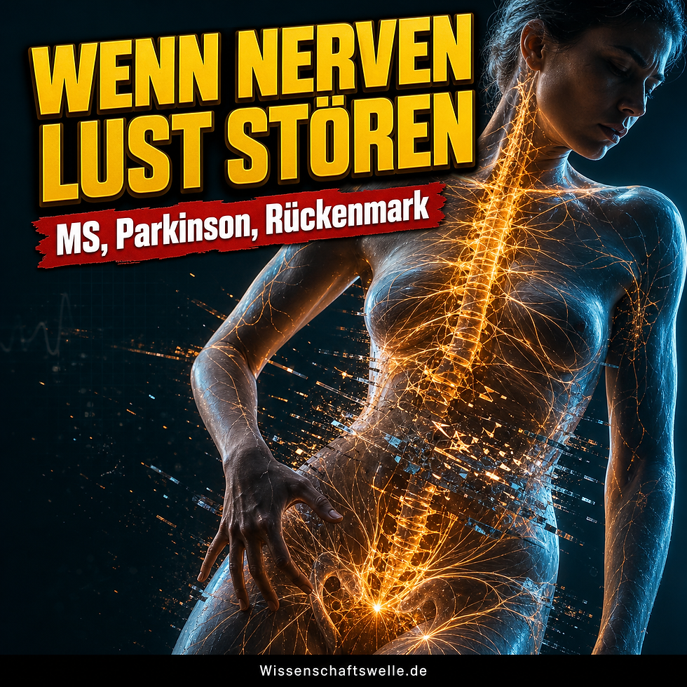Hyperrealistische Person mit leuchtendem Nervensystem und aufbrechenden Signalbahnen; gelbe Schlagzeile „WENN NERVEN LUST STÖREN“, rotes Banner „MS, Parkinson, Rückenmark“.