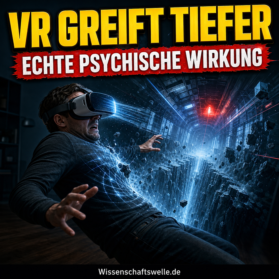 Ein Mann mit VR-Headset weicht in einem dunklen Raum erschrocken vor einem virtuellen Abgrund zurück; darüber stehen die Worte 'VR GREIFT TIEFER' und 'ECHTE PSYCHISCHE WIRKUNG'.