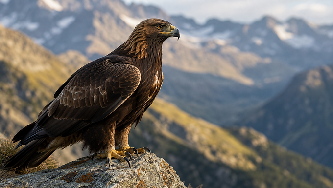 Adulter Steinadler mit goldbraunem Nacken sitzt auf einem Felsvorsprung in alpiner Gebirgslandschaft