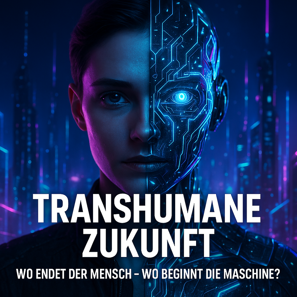 Das Titelbild zeigt ein halb menschliches, halb kybernetisches Gesicht vor einer neonblauen Stadtlandschaft. Die linke Gesichtshälfte wirkt natürlich, die rechte besteht aus leuchtenden Leiterbahnen mit einem strahlenden, runden „Auge“. Der Kontrast visualisiert die Frage, wo der Mensch endet und die Maschine beginnt.