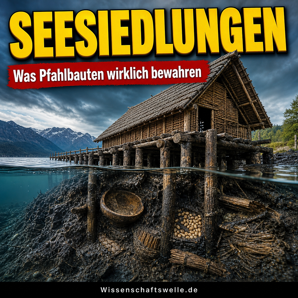 Dramatisch beleuchtetes Cover mit einem prähistorischen Seeuferhaus im Querschnitt: oben kaltes Seewasser und Ufer, unten dunkler Schlamm mit freigelegten Holzpfählen, einer Holzschale und erhaltenen Pflanzenresten.