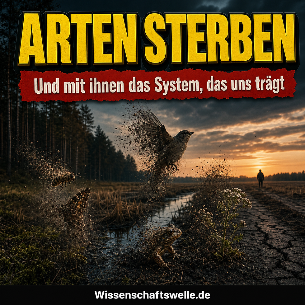 Quadratisches Cover mit dunkler Moor-, Wald- und Agrarlandschaft, in der Tier- und Pflanzensilhouetten verblassen, dazu die gelbe Überschrift „ARTEN STERBEN“ und ein rotes Banner mit dem Text „Und mit ihnen das System, das uns trägt“.