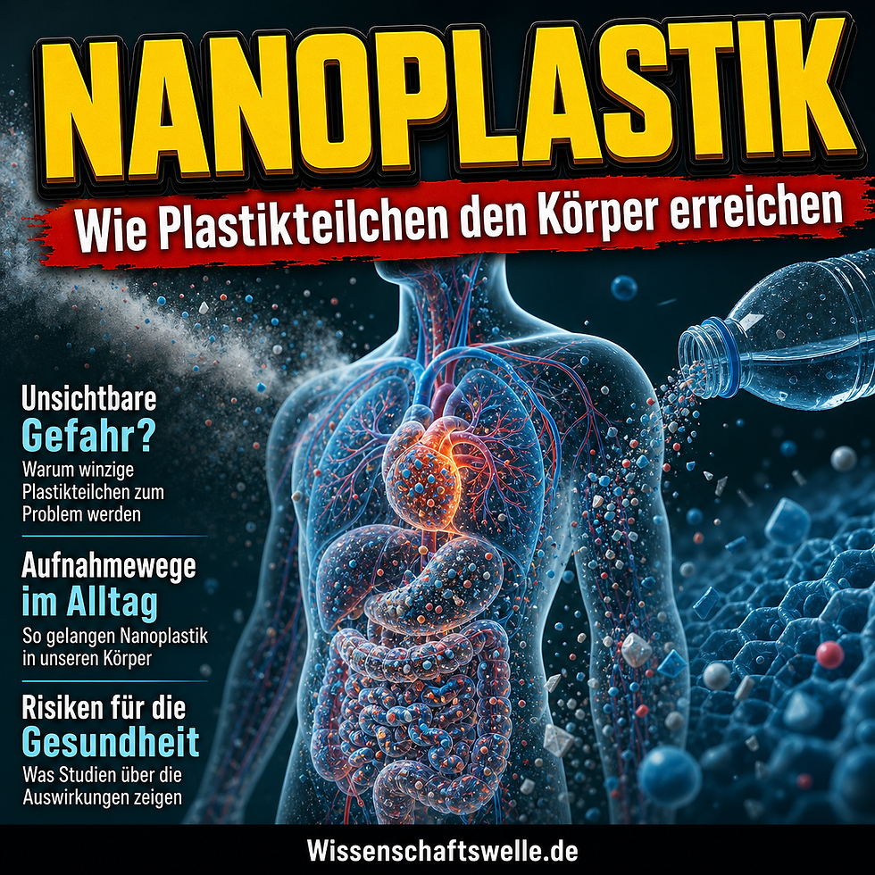 Quadratisches Wissenschaftswelle-Cover mit der gelben Headline „NANOPLASTIK“, rotem Banner „Wie Plastikteilchen den Körper erreichen“, einem transparenten menschlichen Oberkörper mit leuchtenden Organen und vielen kleinen Plastikpartikeln aus einer Flasche und aus Staubwolken.