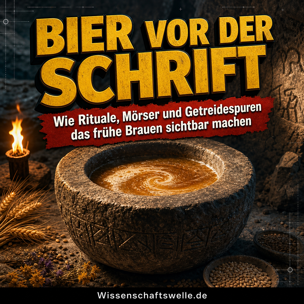 Steinerner Mörser in einer prähistorischen Höhle, gefüllt mit bernsteinfarbener, wirbelnder Getreidefermentation; darüber die Headline 'Bier vor der Schrift' und ein rotes Banner zu Ritualen, Mörsern und Getreidespuren.