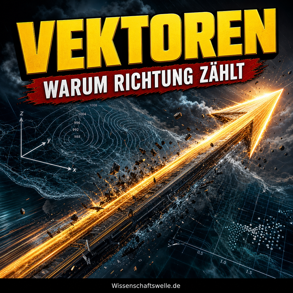 Leuchtender diagonal durchs Bild schneidender Vektor-Pfeil vor dunklem Feld aus Kraftlinien, Wetterkarte und Datenpunkten, darüber die Überschrift VEKTOREN und der rote Banner WARUM RICHTUNG ZÄHLT.