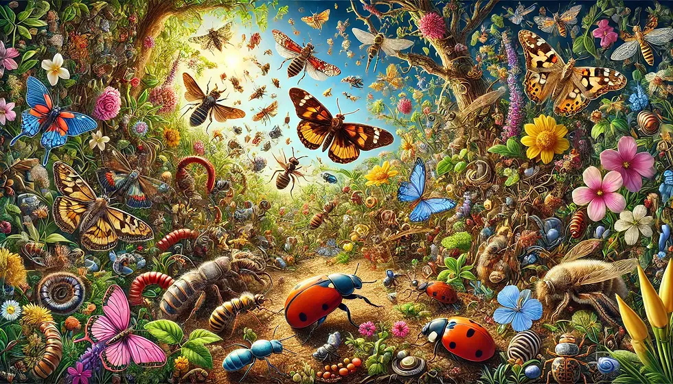 Das Bild zeigt ein lebendiges, blühendes Naturökosystem. Verschiedene Insektenarten wie Bienen, Schmetterlinge, Käfer und Ameisen sind zu sehen, wie sie mit Pflanzen und ihrer Umgebung interagieren. Bienen bestäuben Blumen, während Ameisen den Boden bearbeiten und Käfer organisches Material zersetzen. Kleine Vögel und Tiere fressen Insekten, was die Bedeutung der Insekten in der Nahrungskette symbolisiert. Das Bild strahlt eine harmonische, natürliche Atmosphäre aus und verdeutlicht die zentrale Rolle der Insekten für die Biodiversität.